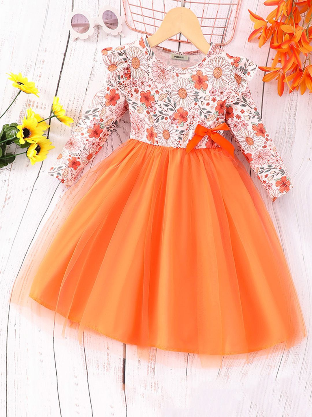 

INCLUD Girls Floral Printed Gathered or Pleated Fit & Flare Maxi Dress, Orange