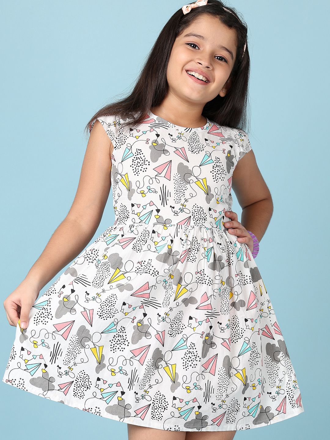 

V-Mart Girls Conversational Printed Cotton Fit & Flare Dress, White