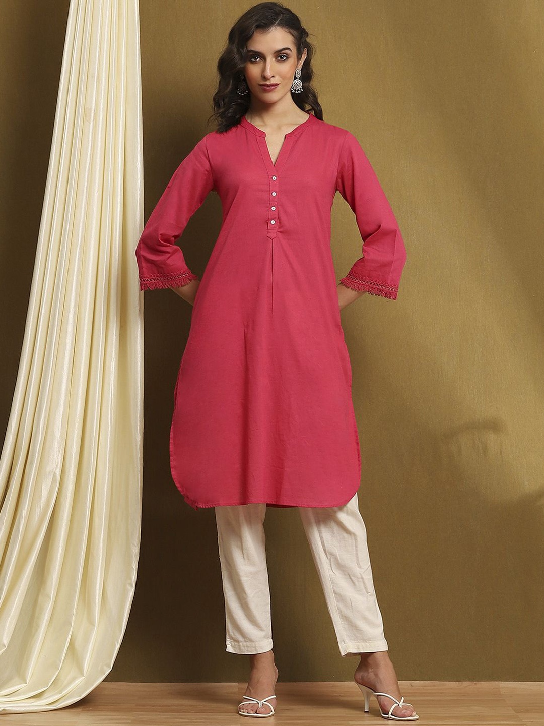 

Biba Mandarin Collar Straight Kurta, Pink