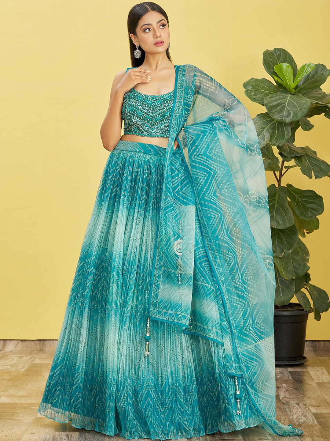 

ODETTE Embellished Organza Semi-Stitched Lehenga & Unstitched Blouse With Dupatta, Teal
