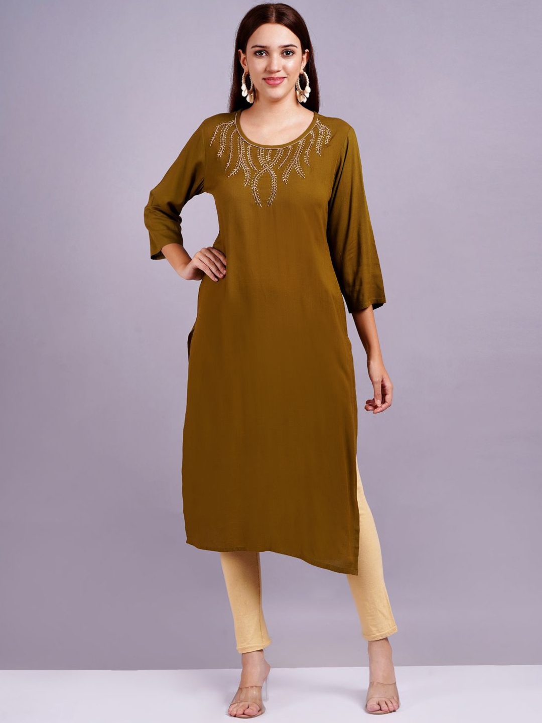 

HIGHLIGHT FASHION EXPORT Zardozi Embroidered Round Neck Straight Kurta, Brown