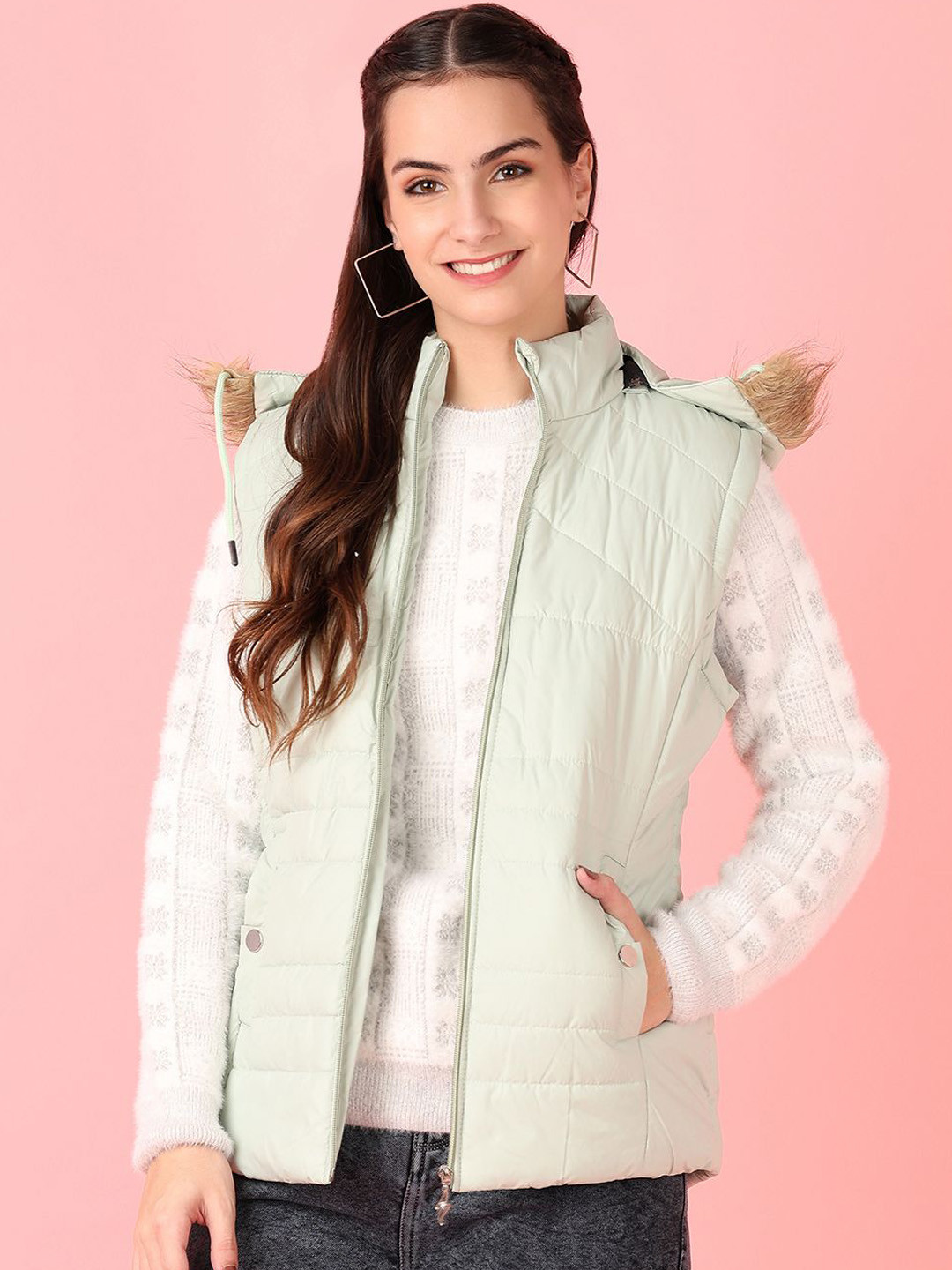 

V-Mart Women Mock Collar Solid Cotton Casual Parka Jacket, Green