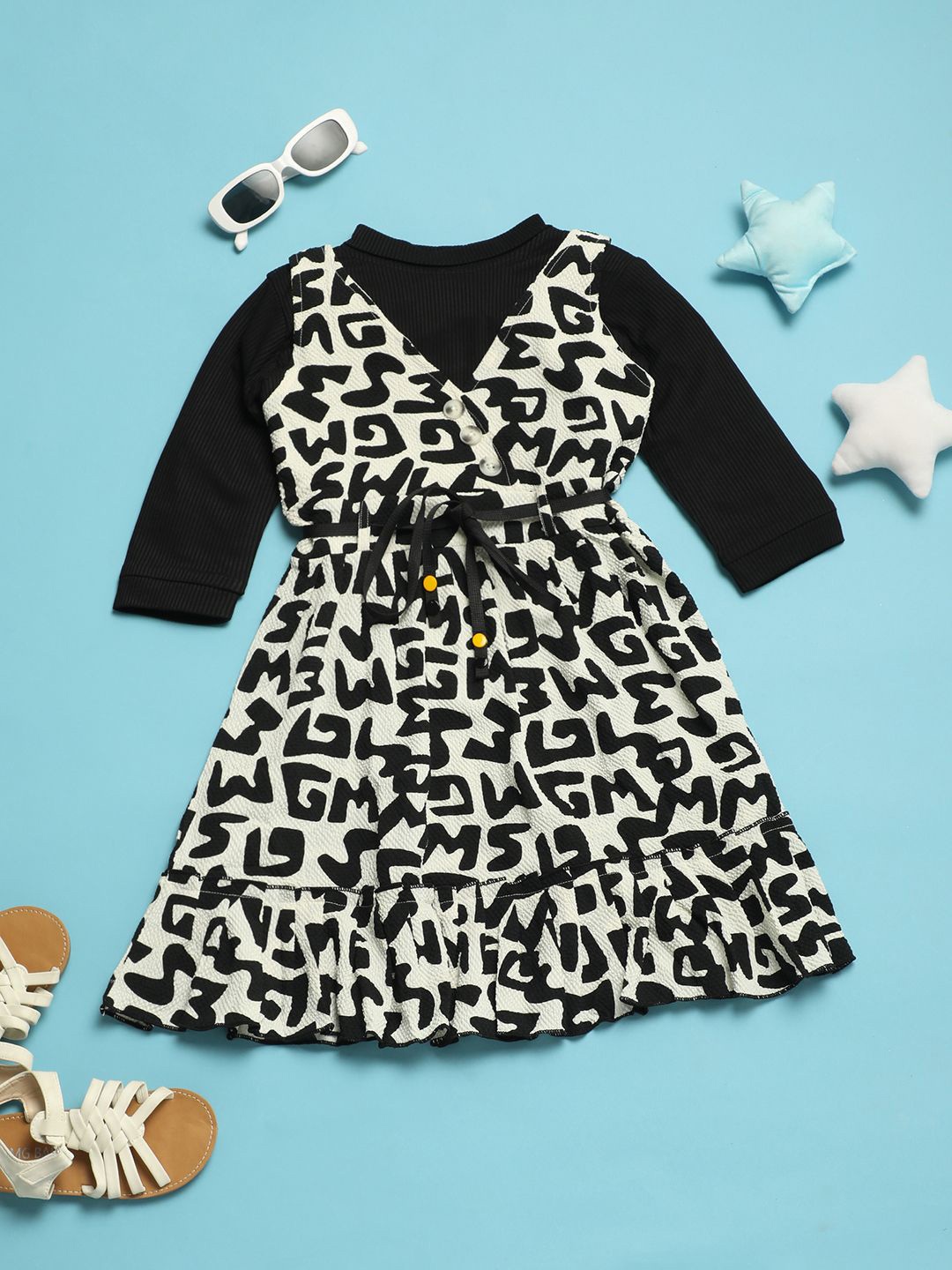 

V-Mart Girls Animal Printed Cotton Fit & Flare Dress, Black