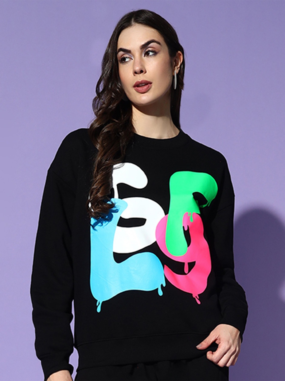 

GRIFFEL Women Long Sleeves Round Neck Graphic Printed Sweatshirt, Black