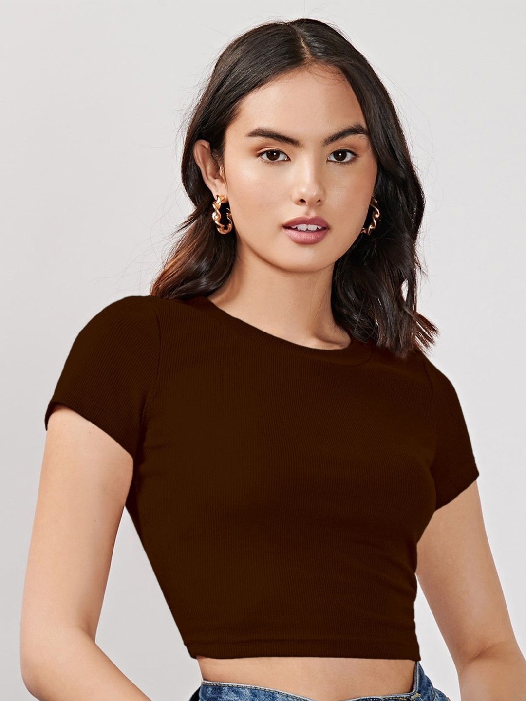 

AAHWAN Women Short Sleeves Round Neck Crop Top, Black