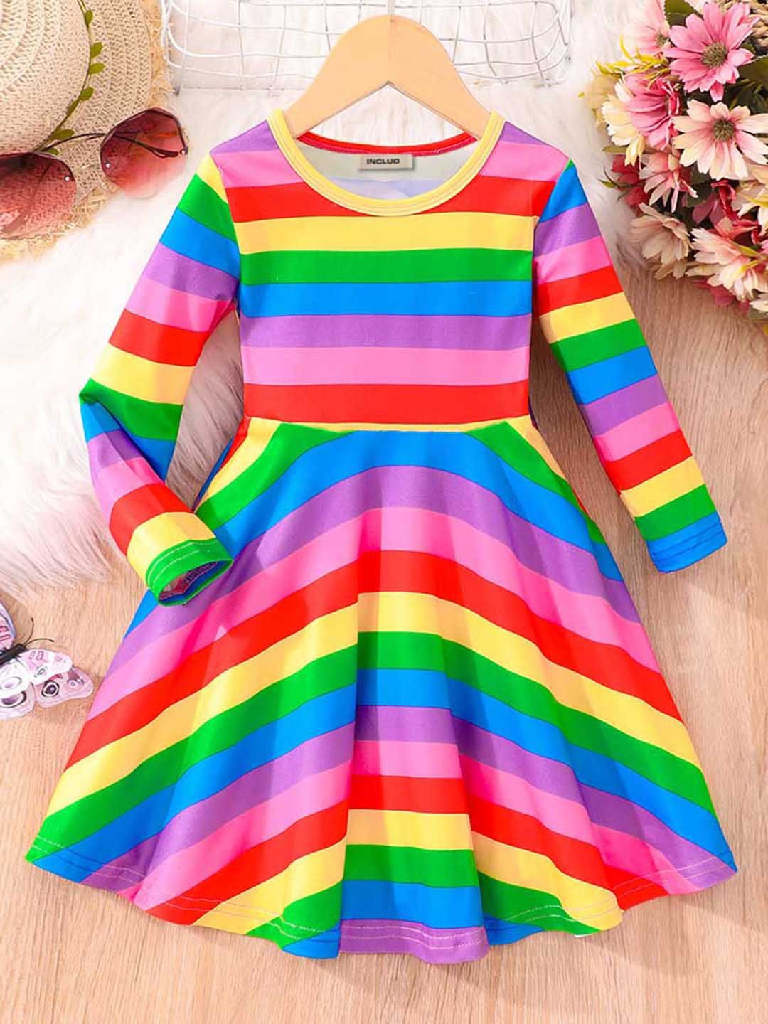 

INCLUD Girls Striped Fit & Flare Long Sleeves Dress, Pink