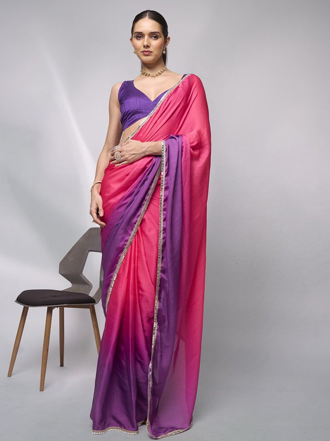 

Kalista Embellished Mirror Work Satin Ready to Wear Saree, Pink
