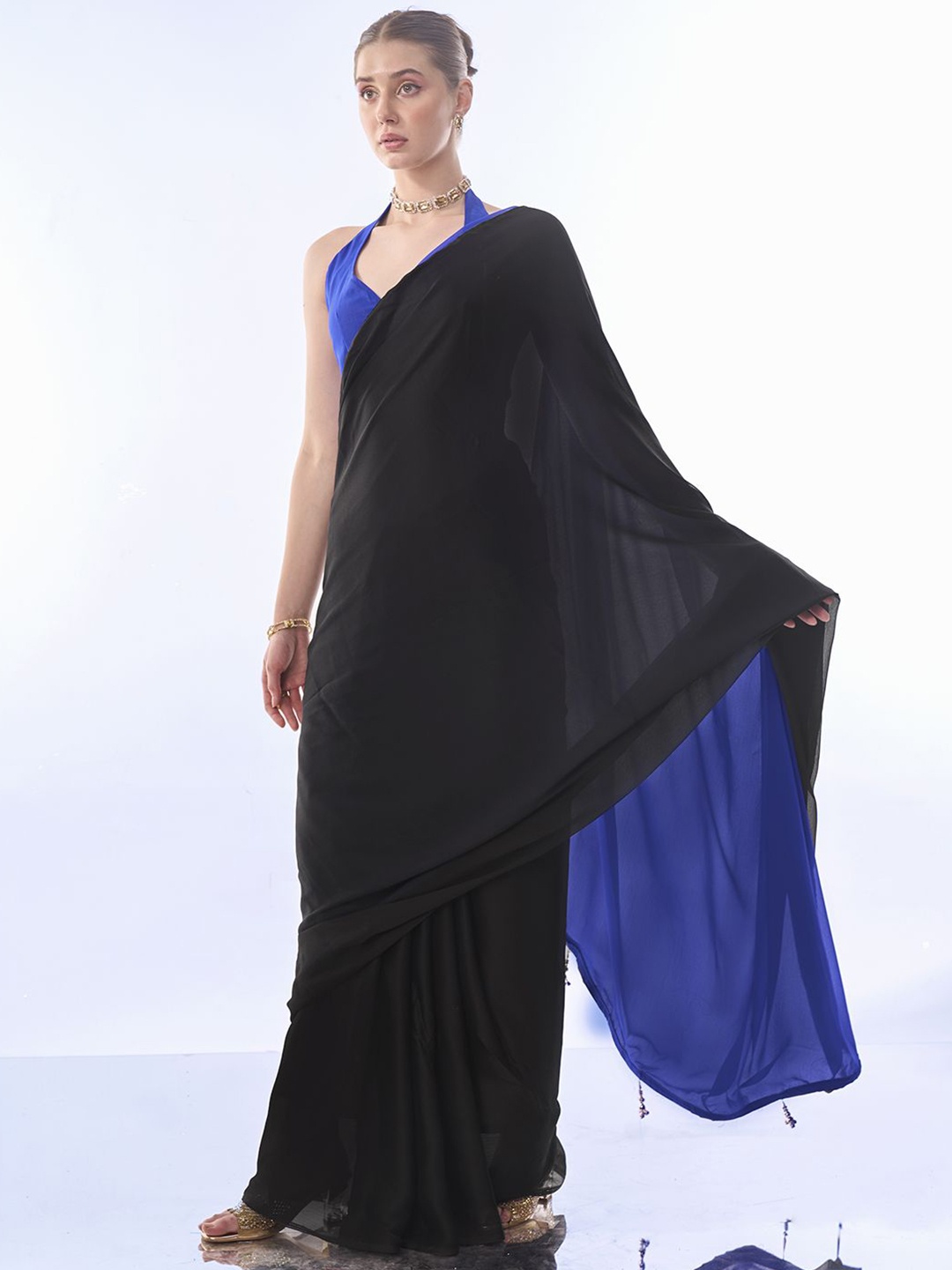 

Kalista Pure Chiffon Solid Ready to Wear Saree, Black