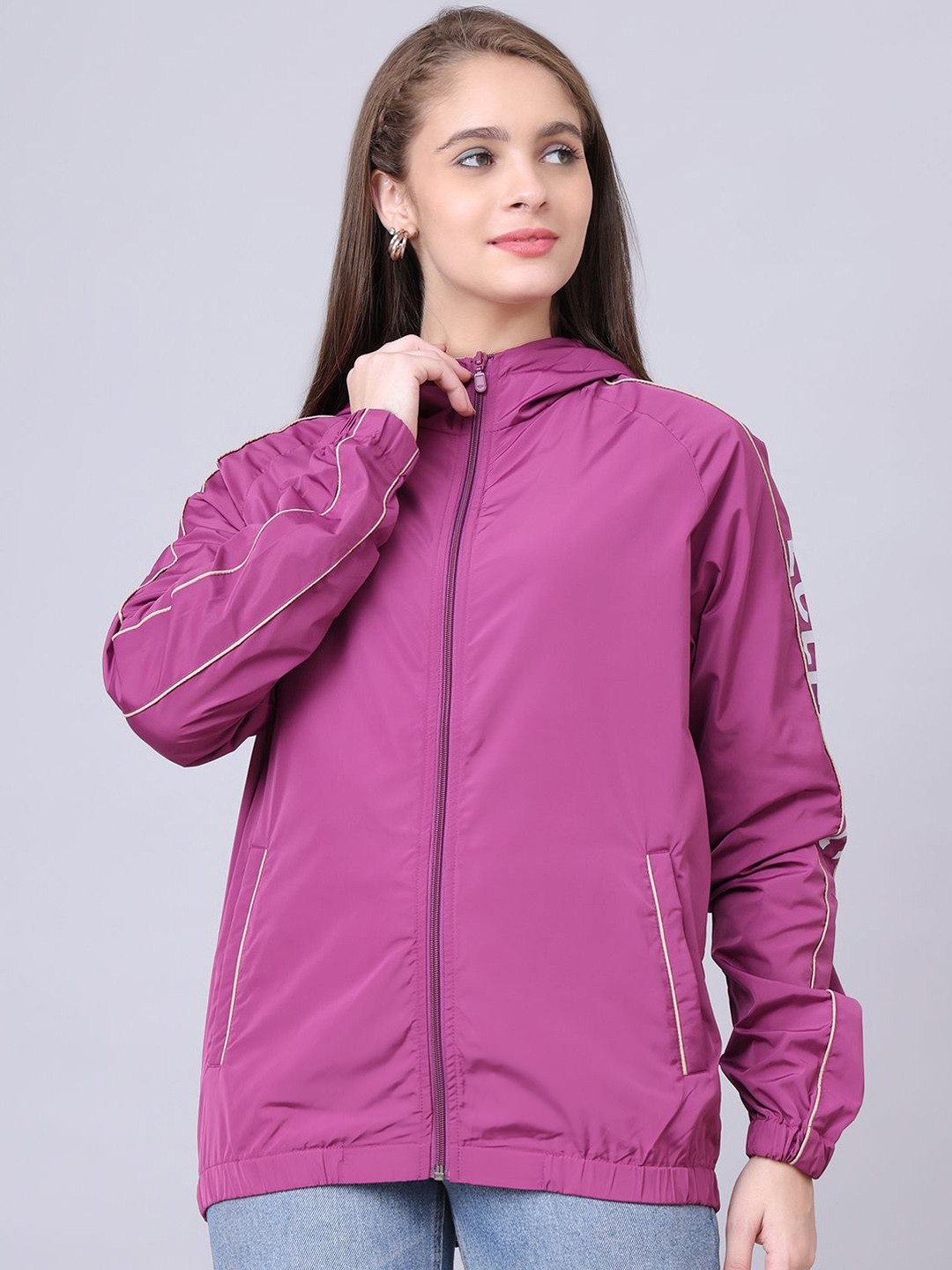 

HOUSE OF VEDAS Women Hooded Solid Casual Open Front Jacket, Purple
