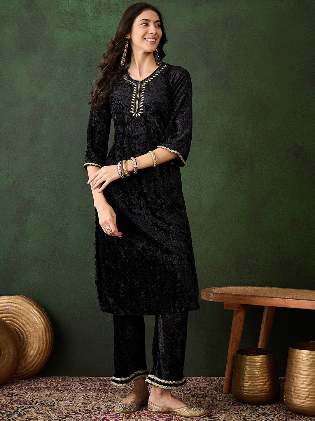 

Sangria Ethnic Motifs Yoke Design Straight Kurtas, Black