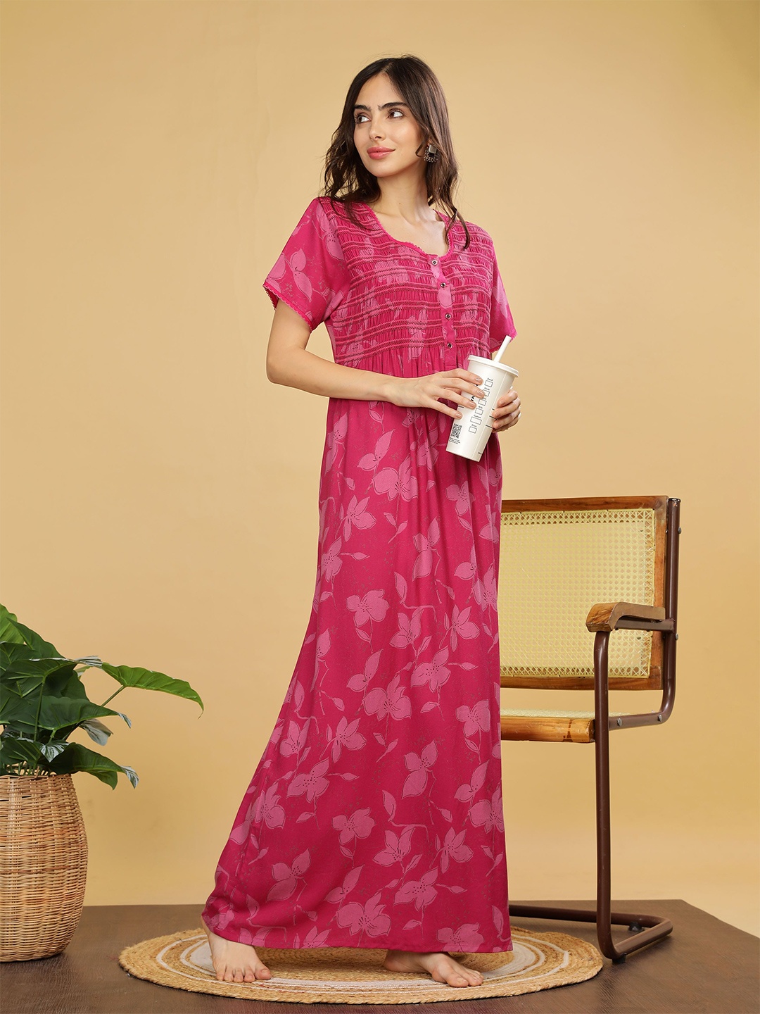 

9shines Label Women Printed Round Neck Short Sleeves Maxi Everyday Nightdress, Pink