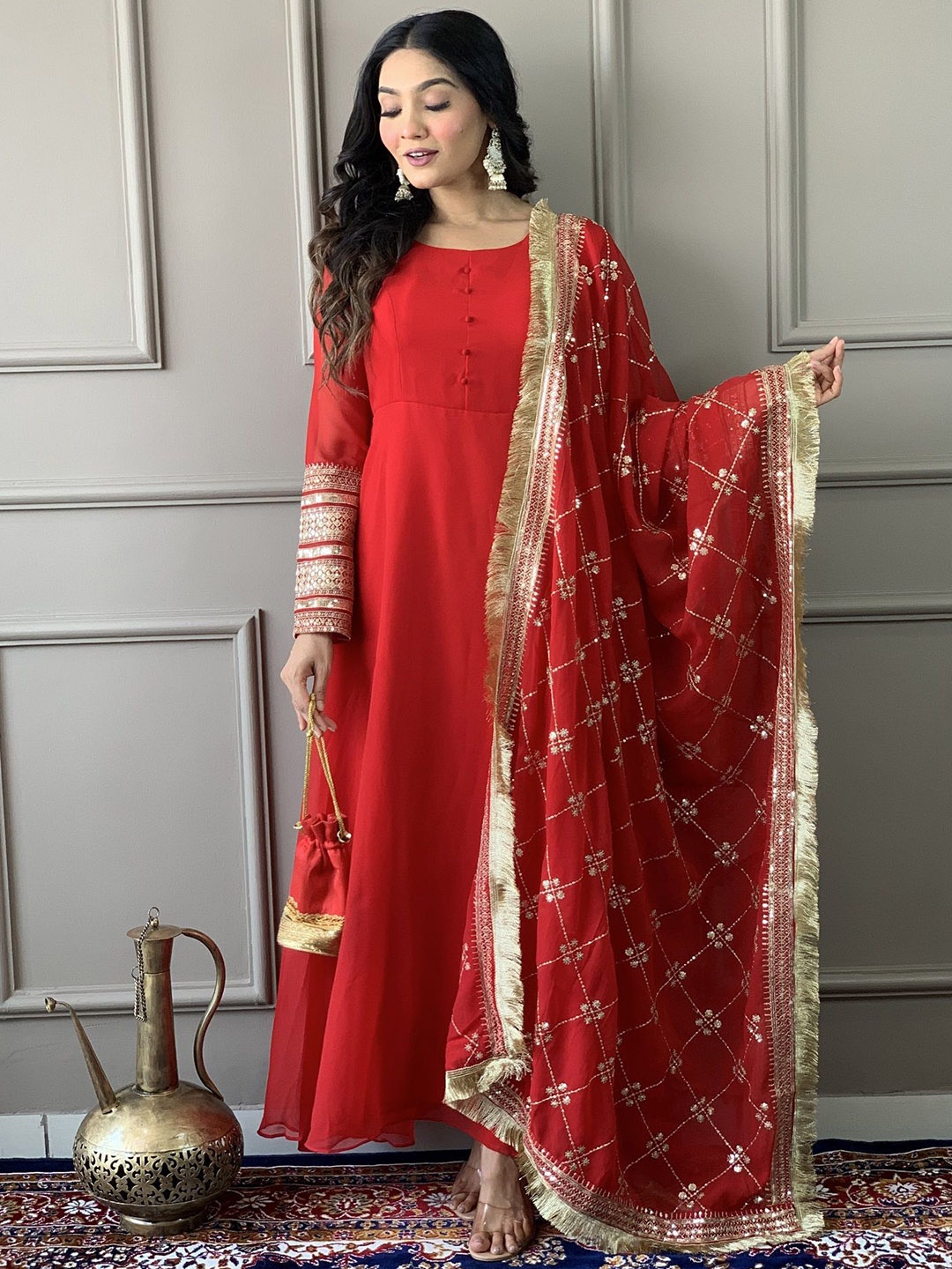 

KALINI Round Neck Anarkali Kurta With Trousers & Dupatta, Red