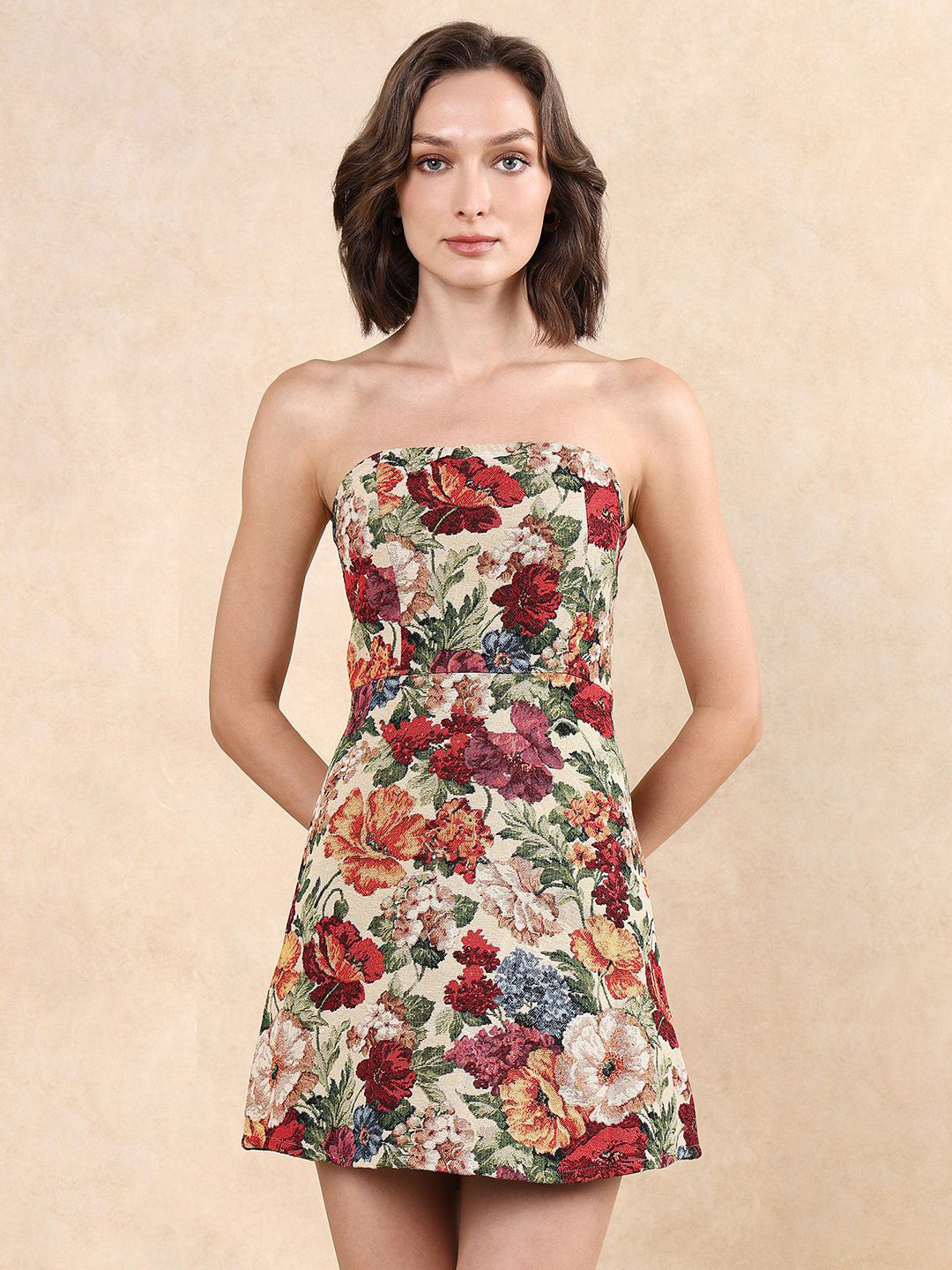 

RAREISM Women Floral Printed Bandeau Mini Dress, Red