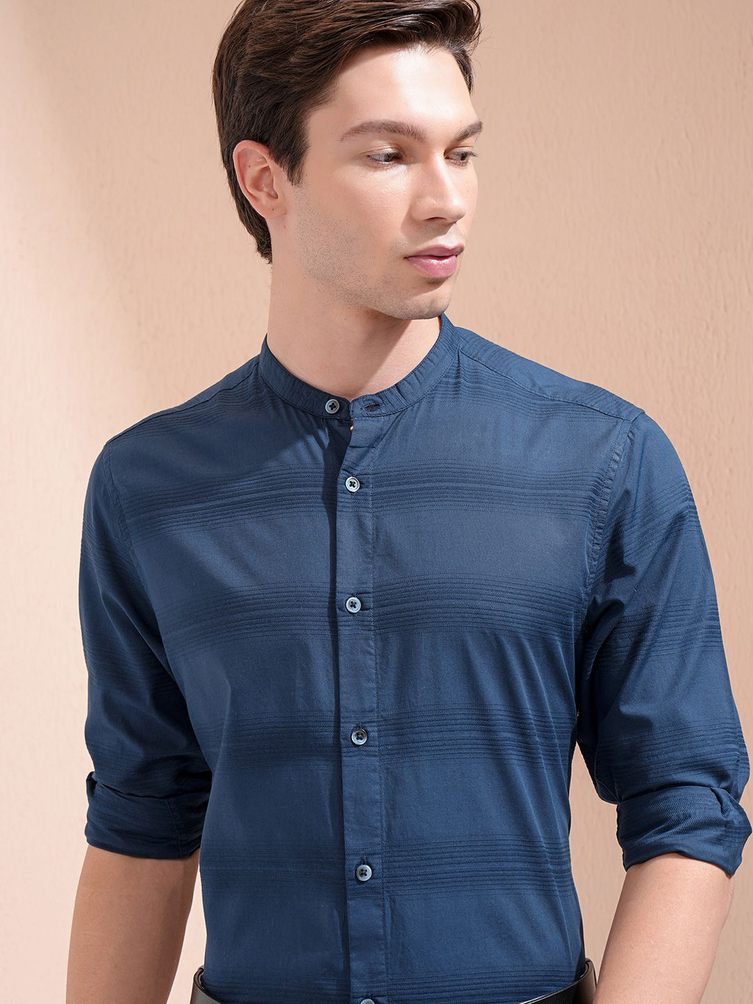 

Highlander Men Dobby Textured Striped Mandarin Collar Casual Shirt, Blue