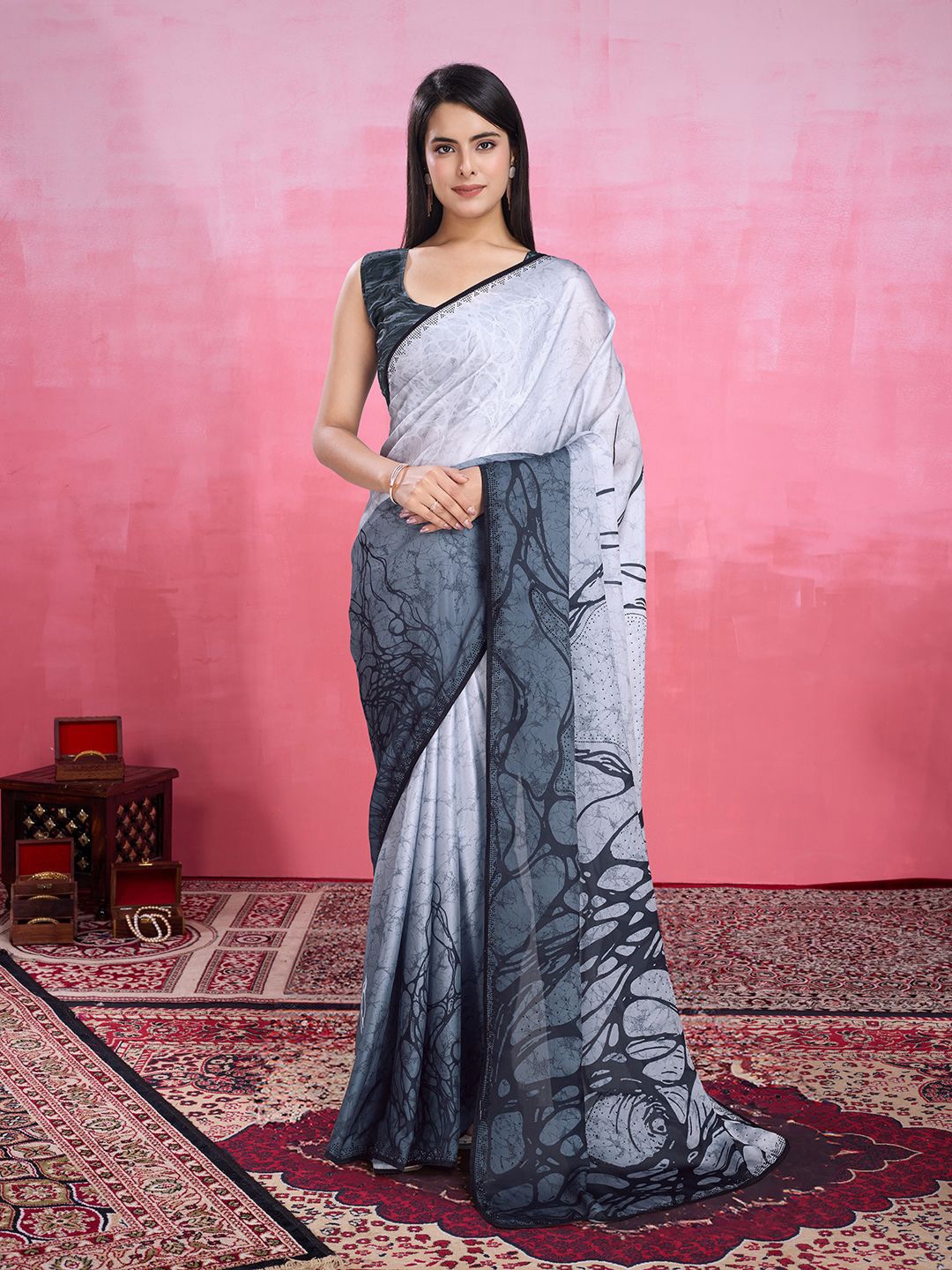 

Mitera Beads and Stones Satin Abstract Printed Saree, Grey