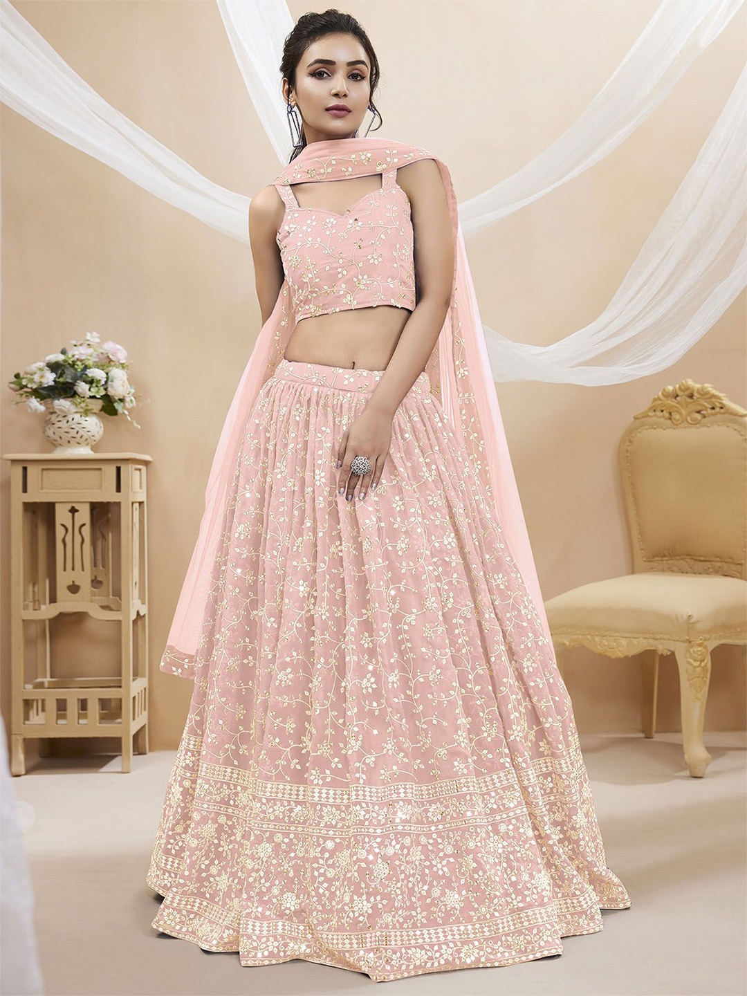 

ODETTE Embellished Sequinned Semi-Stitched Lehenga & Unstitched Blouse With Dupatta, Pink