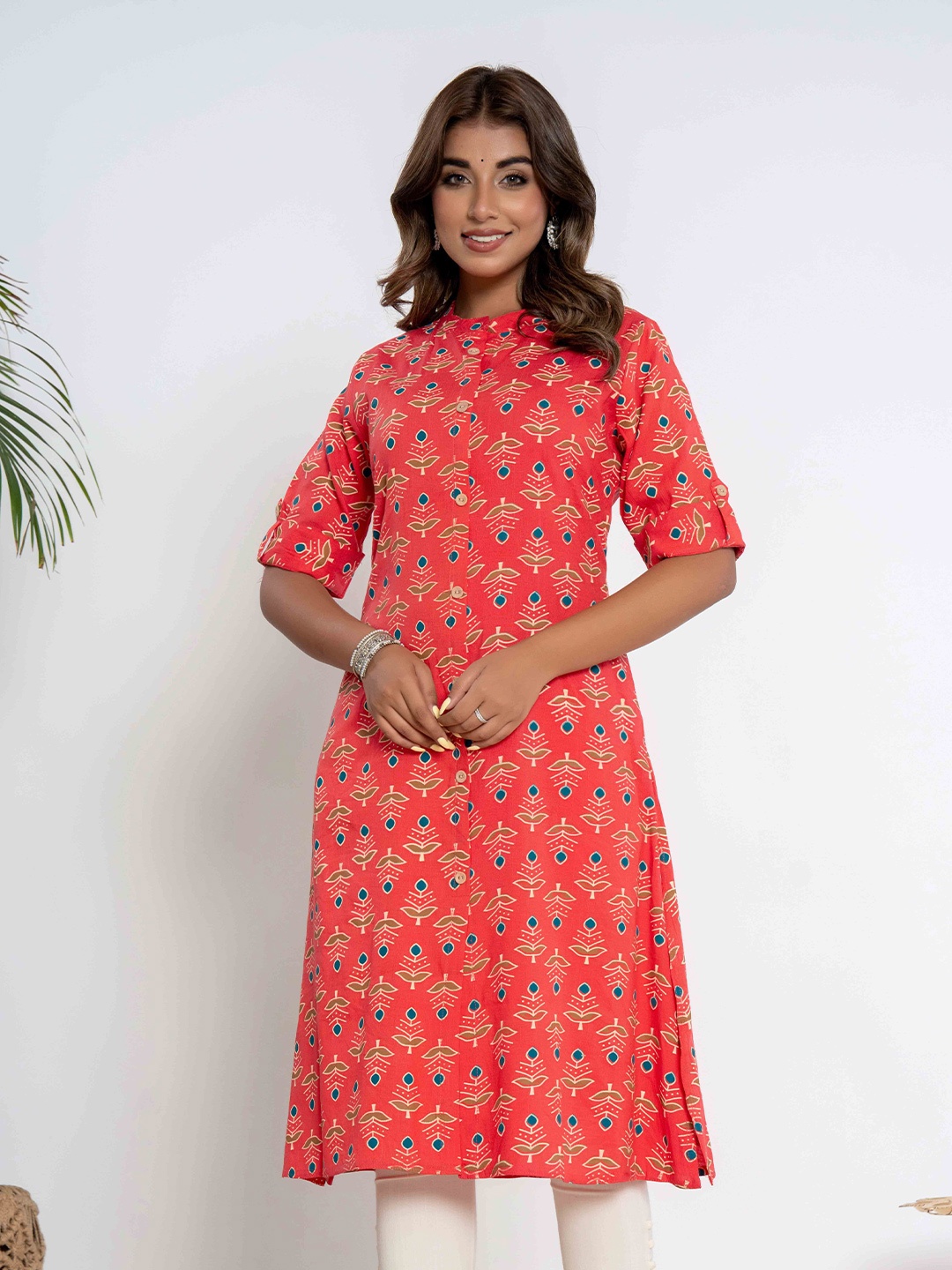 

DIZON Women Floral Printed Roll- Up Sleeves Kurta, Orange