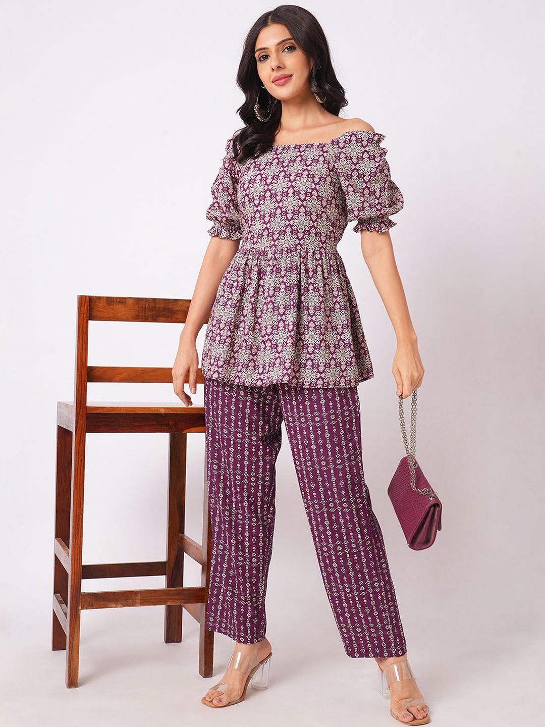 

KALINI Floral Printed Off Shoulder Neck Short Sleeves Tunic With Trouser, Purple