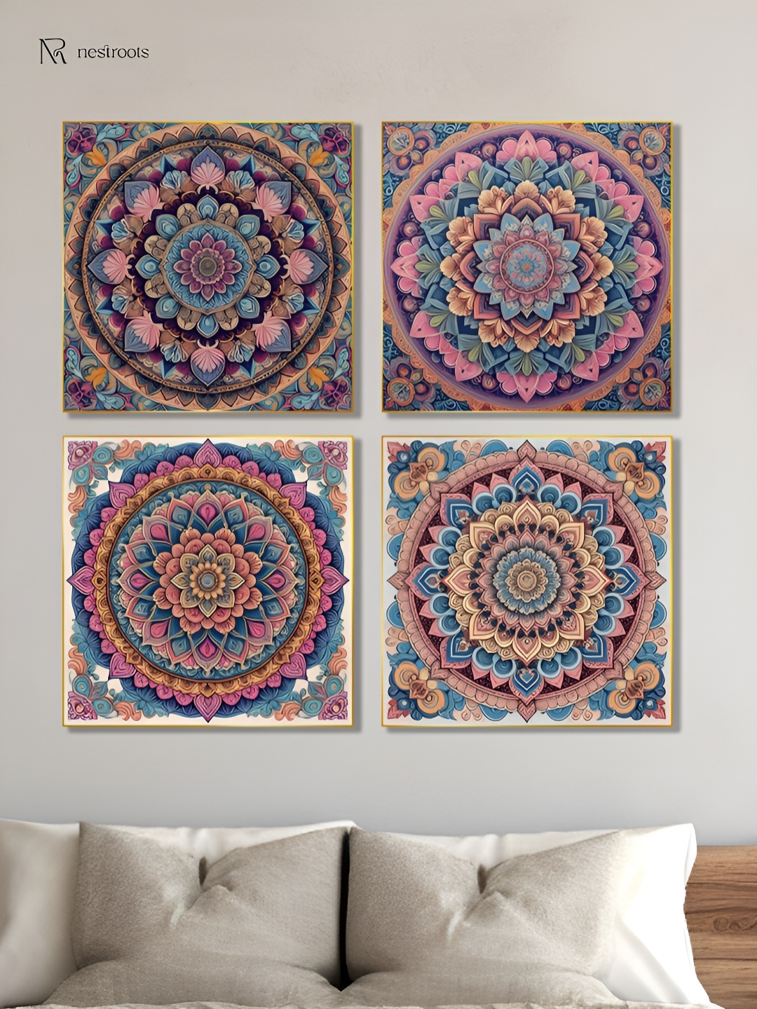 

nestroots Pink & Blue 4 Pieces Intricate Mandala Flower Canvas Paintings Wall Arts