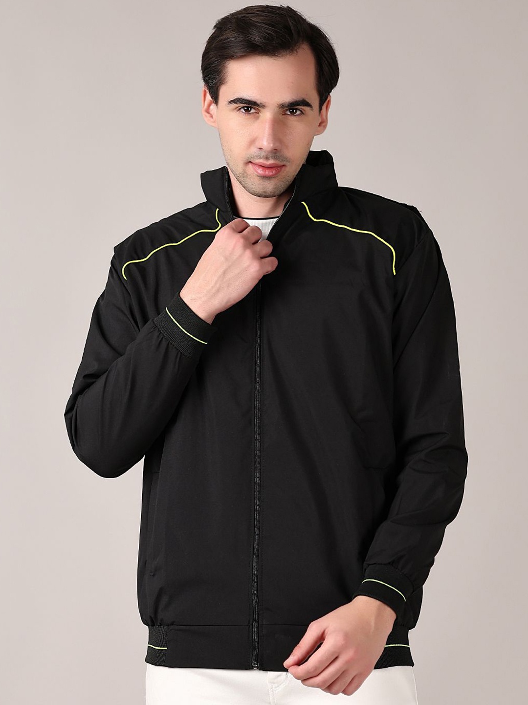 

V-Mart Men Hooded Solid Cotton Casual Bomber Jacket, Black