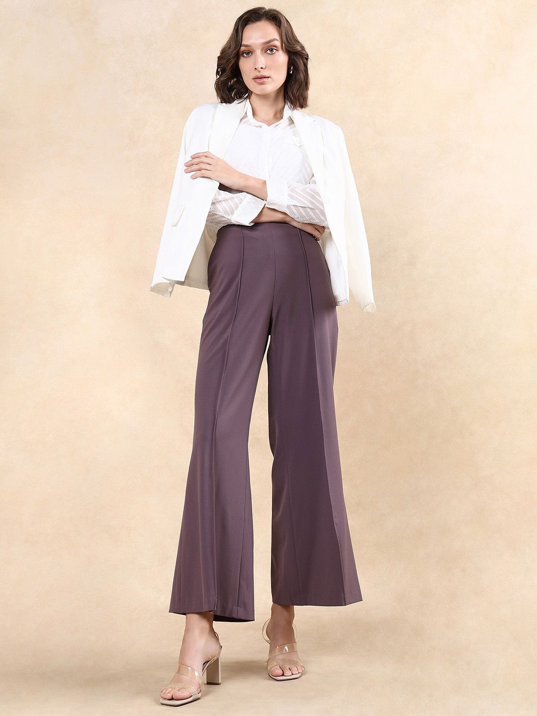 

RAREISM Women Tailored Flared High-Rise Wide Leg Trousers, Purple