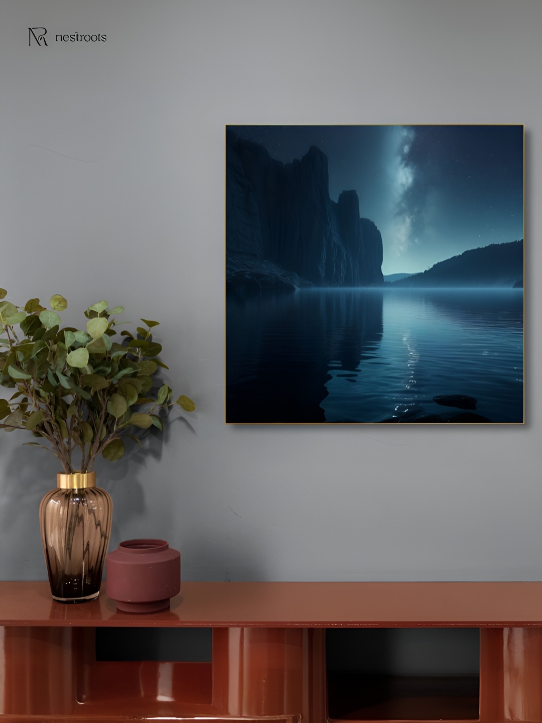 

nestroots Blue Tranquil Lakeside Night Sky Painting Canvas Wall Art