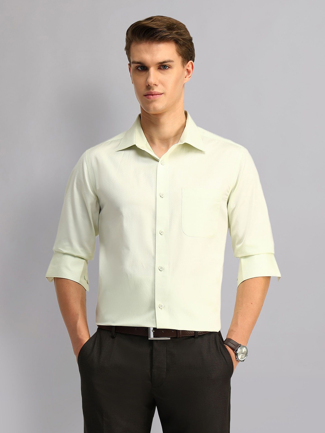 

AD By Arvind Men Spread Collar Textured Cotton Formal Shirt, Green