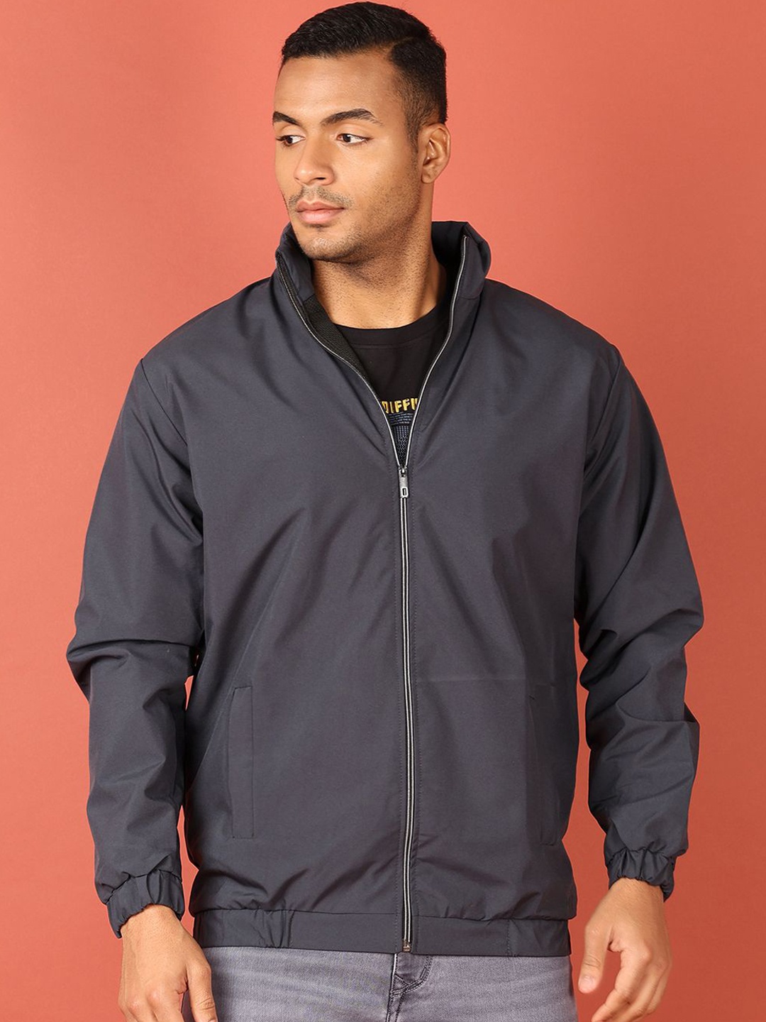 

V-Mart Men Mock Collar Solid Cotton Casual Bomber Jacket, Grey