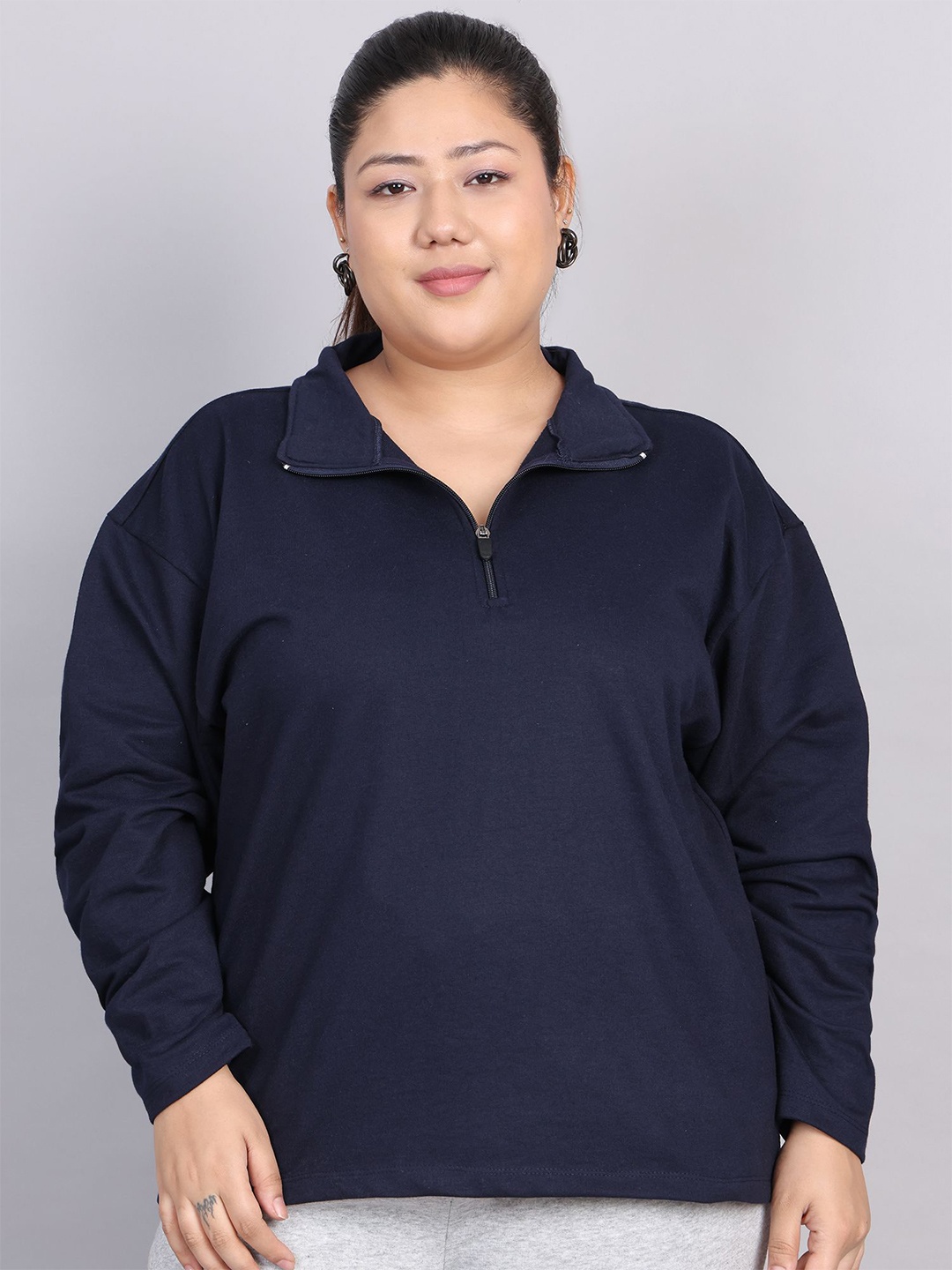 

Rute Women Plus Size Half Zipper Cotton Sweatshirt, Navy blue