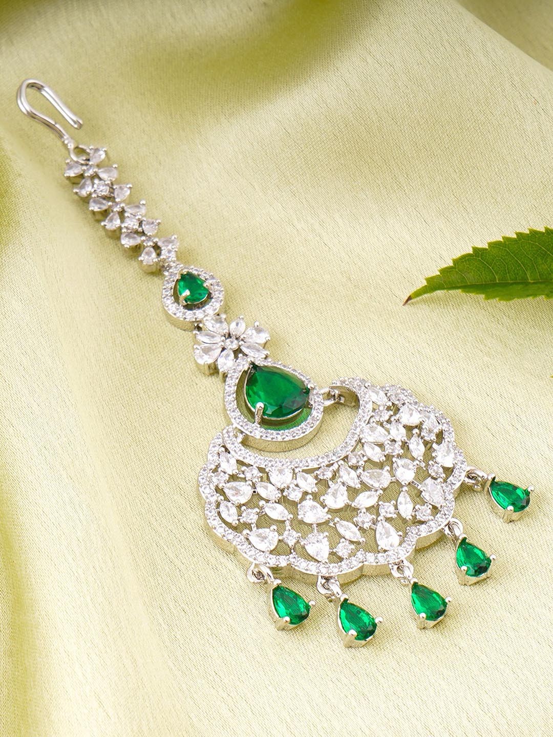 

Adwitiya Collection Rhodium-Plated American Diamond Studded Maang Tikka, Silver