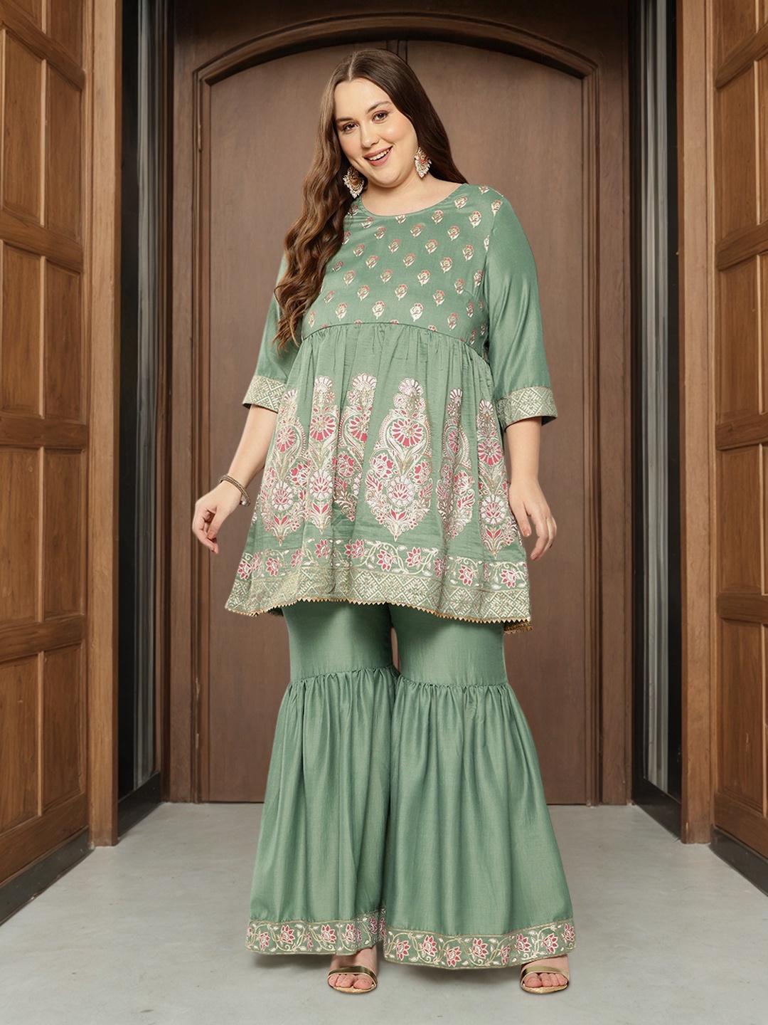 

Sztori Plus Size Ethnic Motifs Printed Pleated Kurta with Sharara, Green