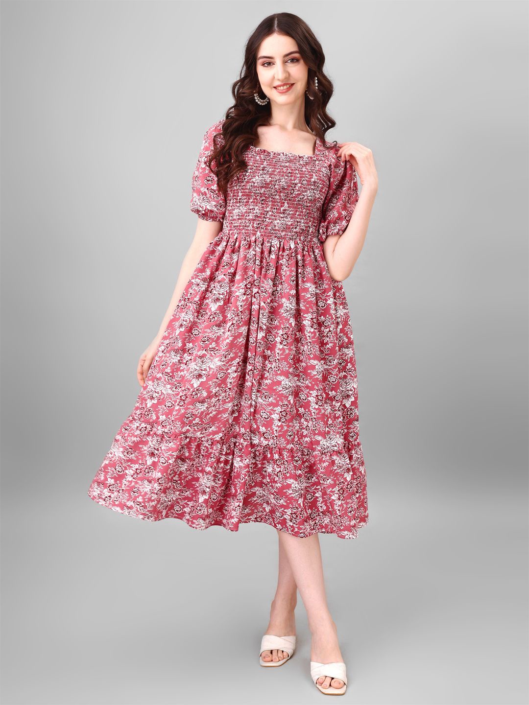 

Krunal Raiyani Women Floral Printed Fit & Flare Casual Dress, Pink