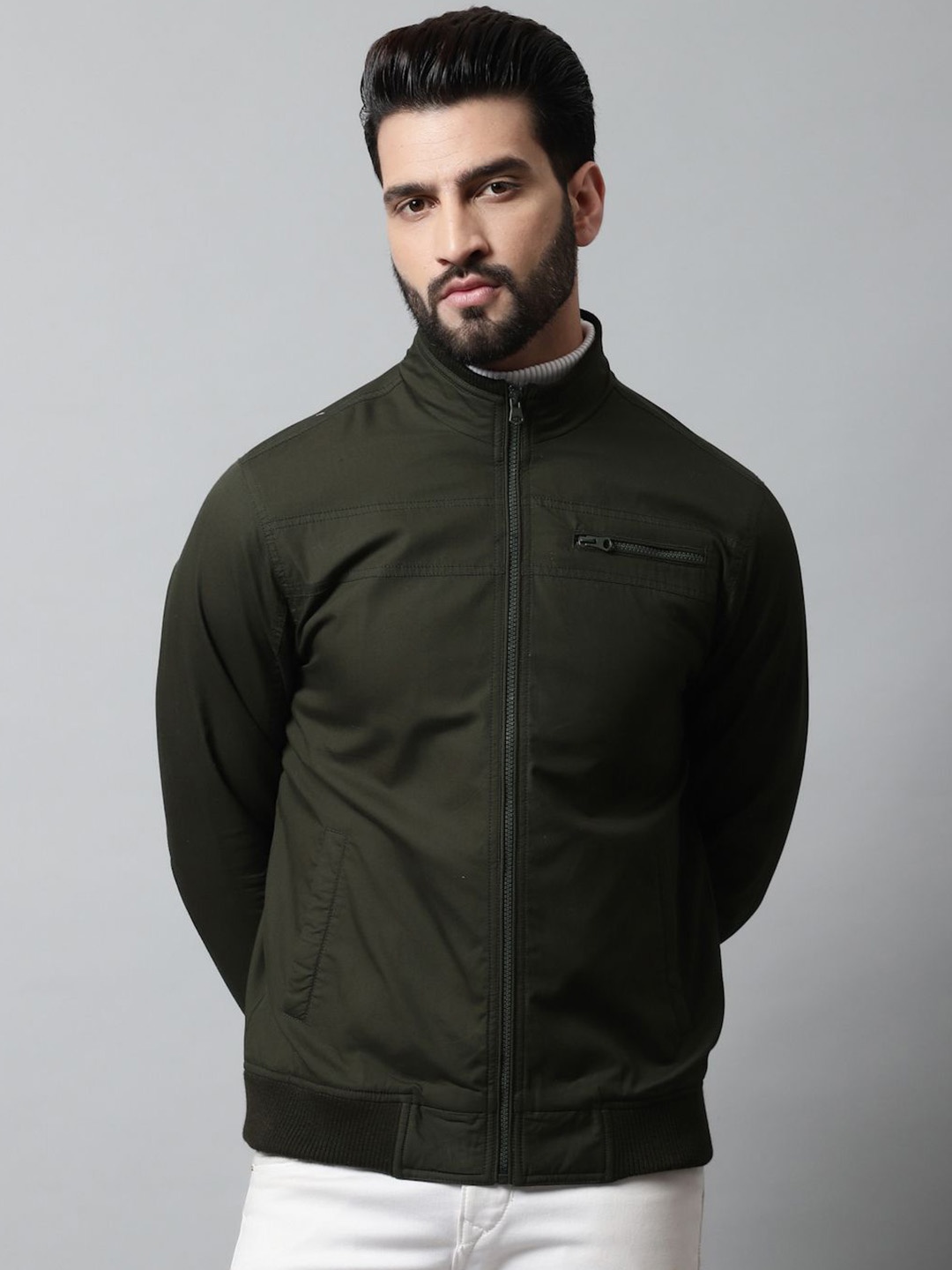 

HOUSE OF VEDAS Men Mock Collar Solid Cotton Casual Biker Jacket, Olive