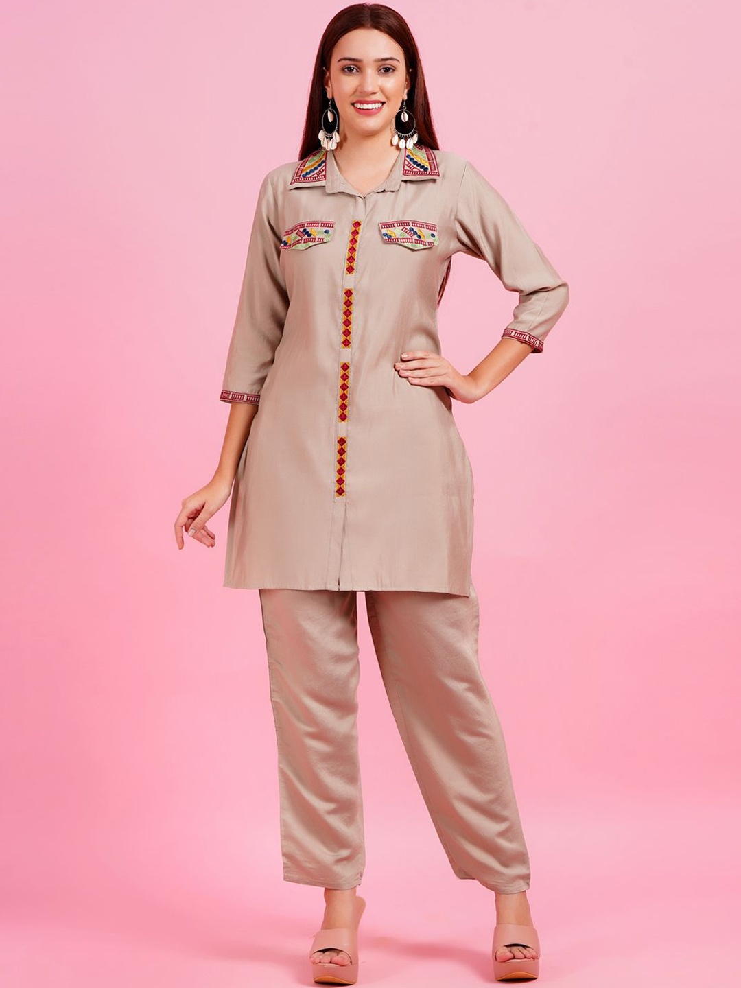 

HIGHLIGHT FASHION EXPORT Embroidered Details Shirt Collar Neck Tunic With Trousers Co-Ords, Beige