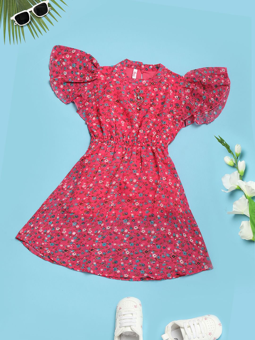 

V-Mart Girls Floral Printed Fit & Flare Dress, Fuchsia