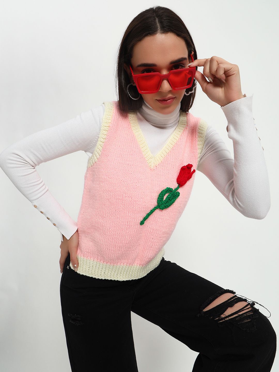 

Sugercandy Women Embroidered Woollen Crop Sweater Vest with Embroidered Detail, Pink