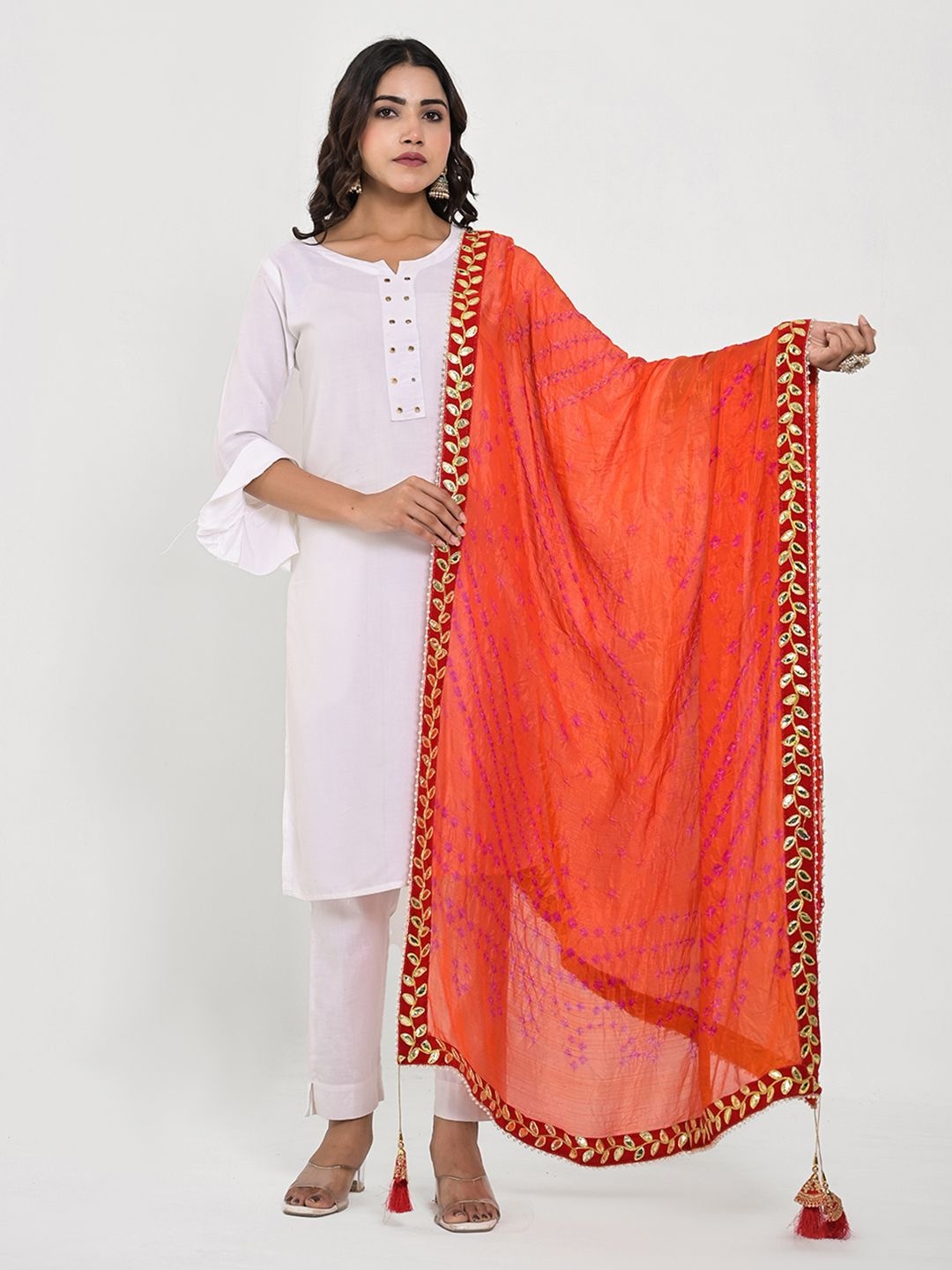 

Apratim Bandhani Printed Gotta Patti Silk Dupatta, Orange