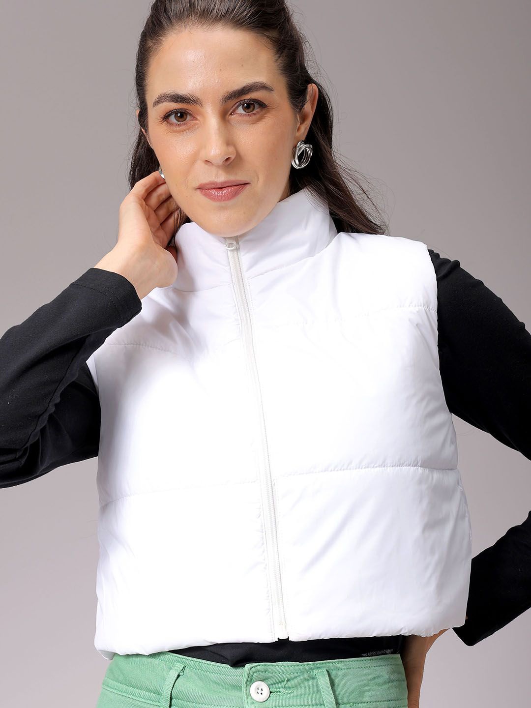 

Freehand by The Indian Garage Co Women Mock Collar Solid Casual Padded Jacket, White