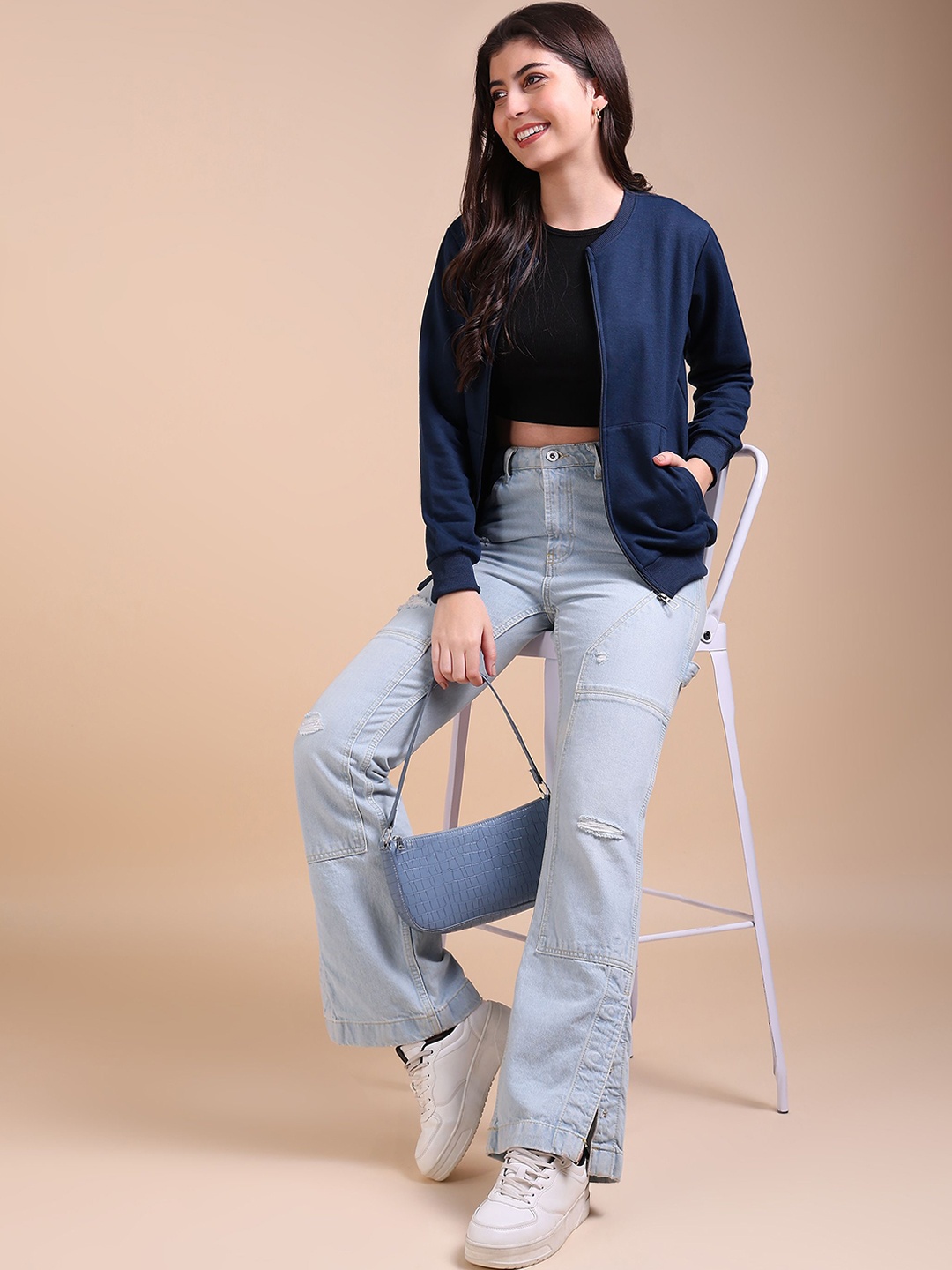 

Adyavastram Women Solid Round Neck Front-Open Sweatshirt, Blue
