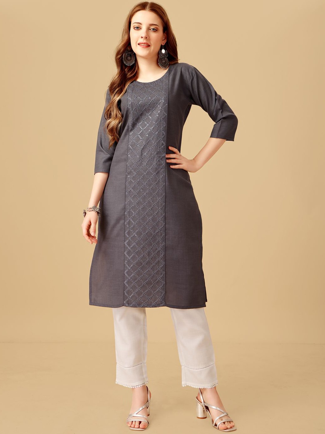 

HI FI NX Geometric Embroidered Straight Kurta With Churidar, Grey