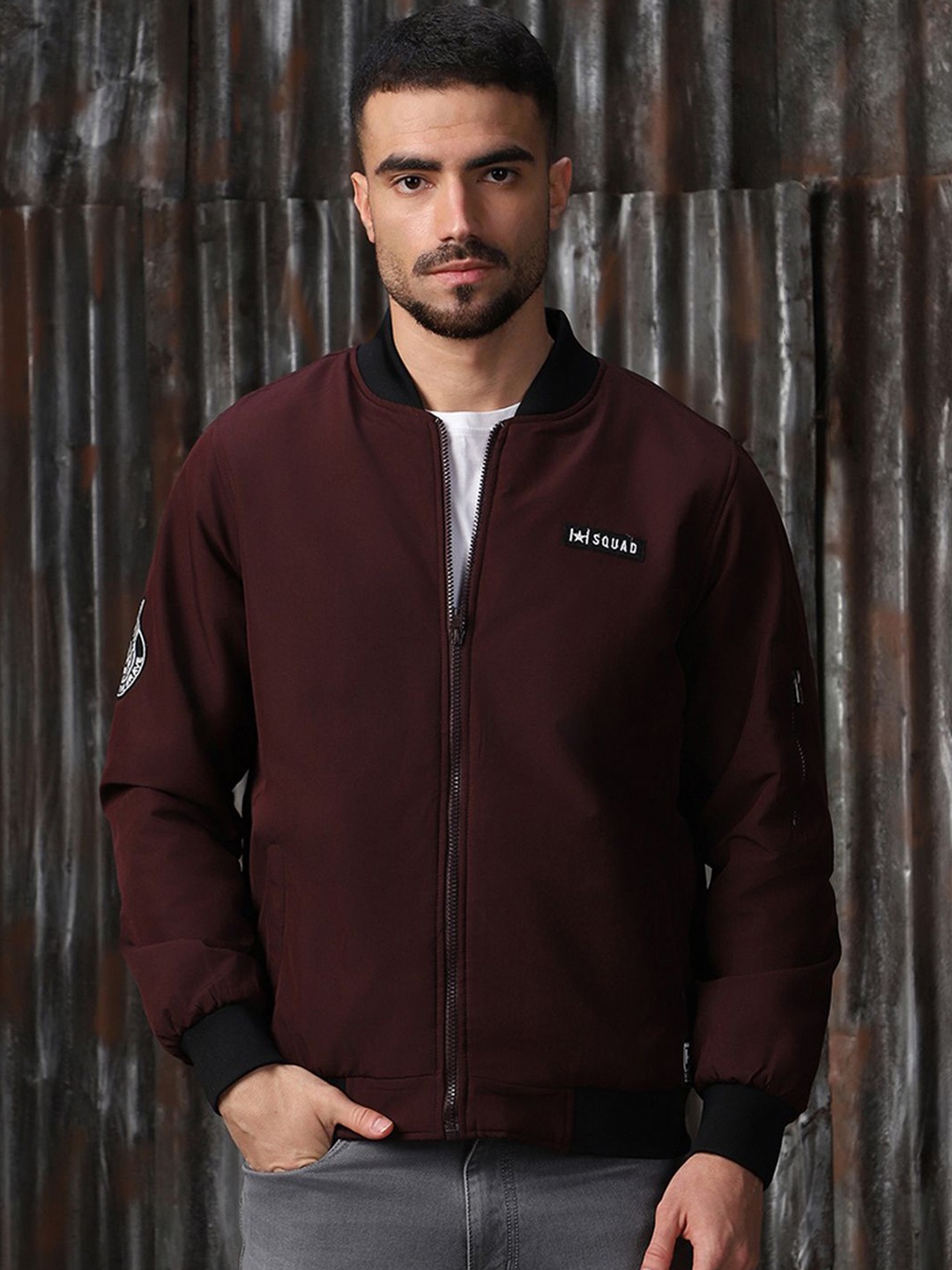 

High Star Men Stand Collar Solid Casual Bomber Jacket, Maroon