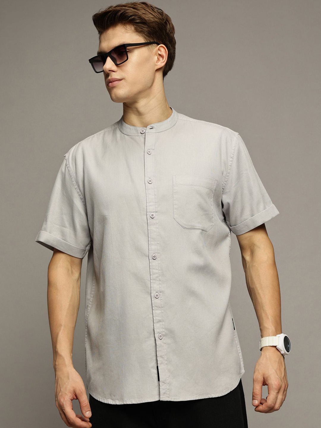 

The Roadster Lifestyle Co. Men Premium Band Collar Solid Cotton Oversized Casual Shirt, Grey