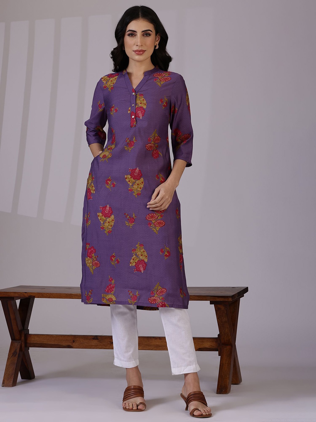 

W Purple Floral Printed Mandarin Collar Three-Quarter Sleeves Straight Kurta