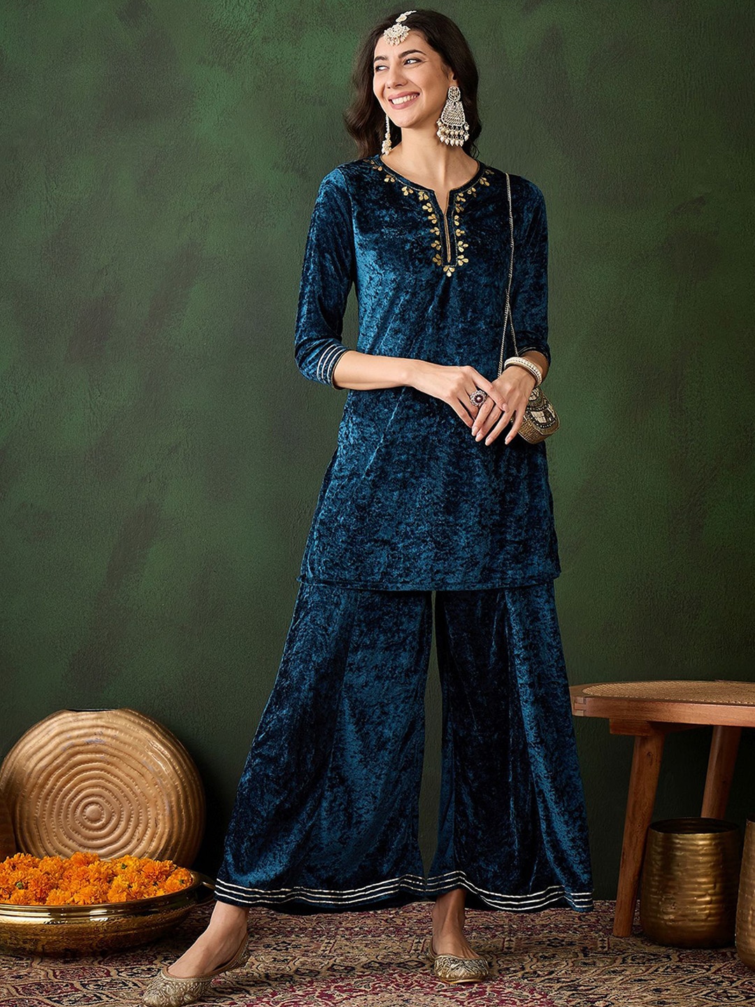 

Sangria GREEN Ethnic Motifs Yoke Design Bead & Stones Straight Kurta & Palazzos, Teal