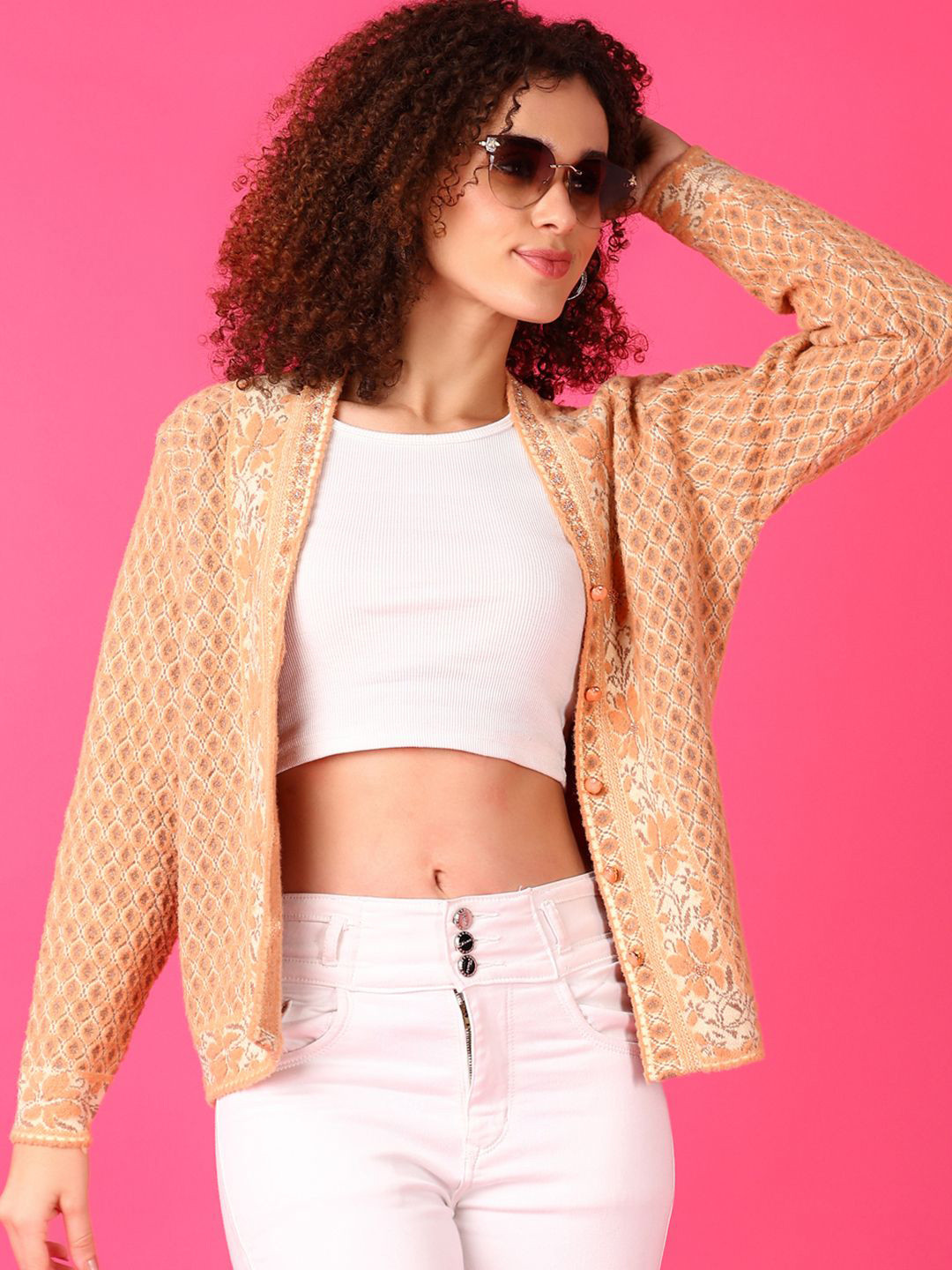 

V-Mart Women Cotton Floral Self Design Cardigan, Orange