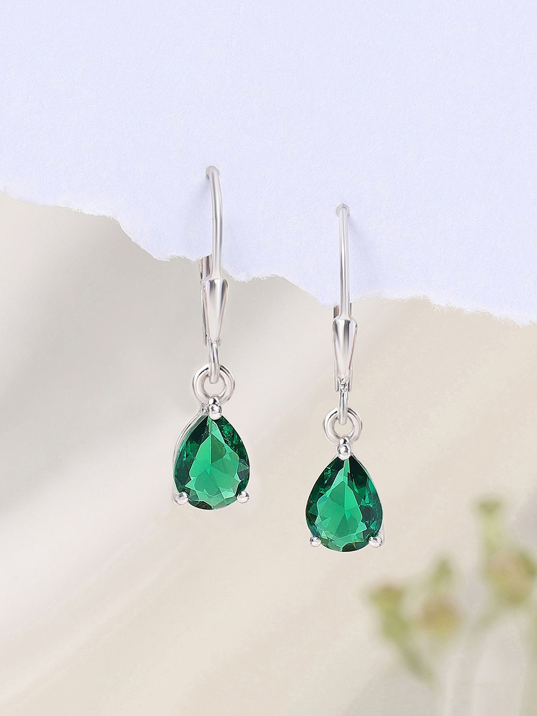 

Ornate Jewels 925 Sterling Silver Rhodium-Plated Emerald Stone Studded Drop Earrings