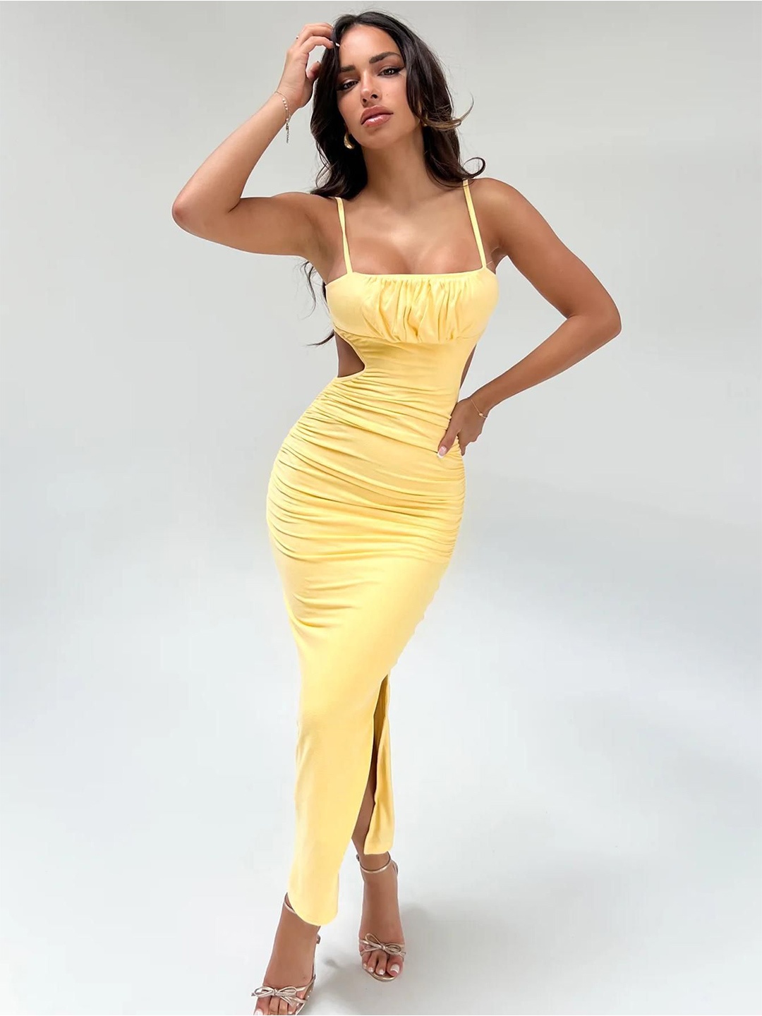 

MIAKEE Women Cut-Outs Ruched Bodycon Maxi Dress, Yellow
