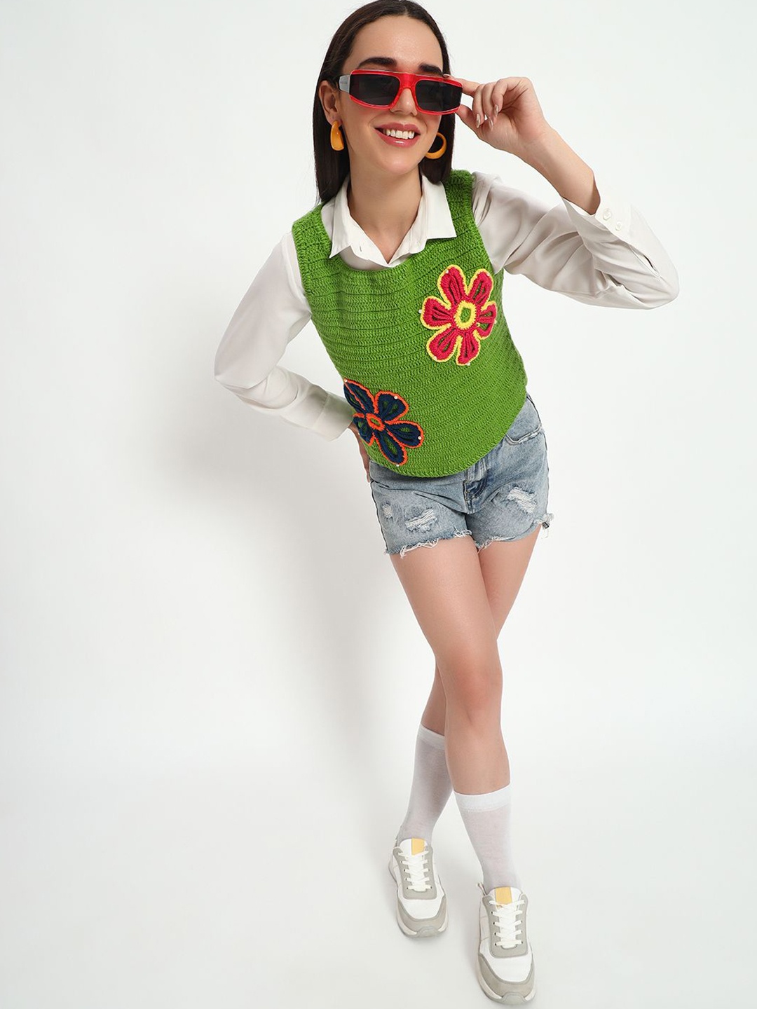 

Sugercandy Women Round Neck Floral Printed Woollen Pullover, Green