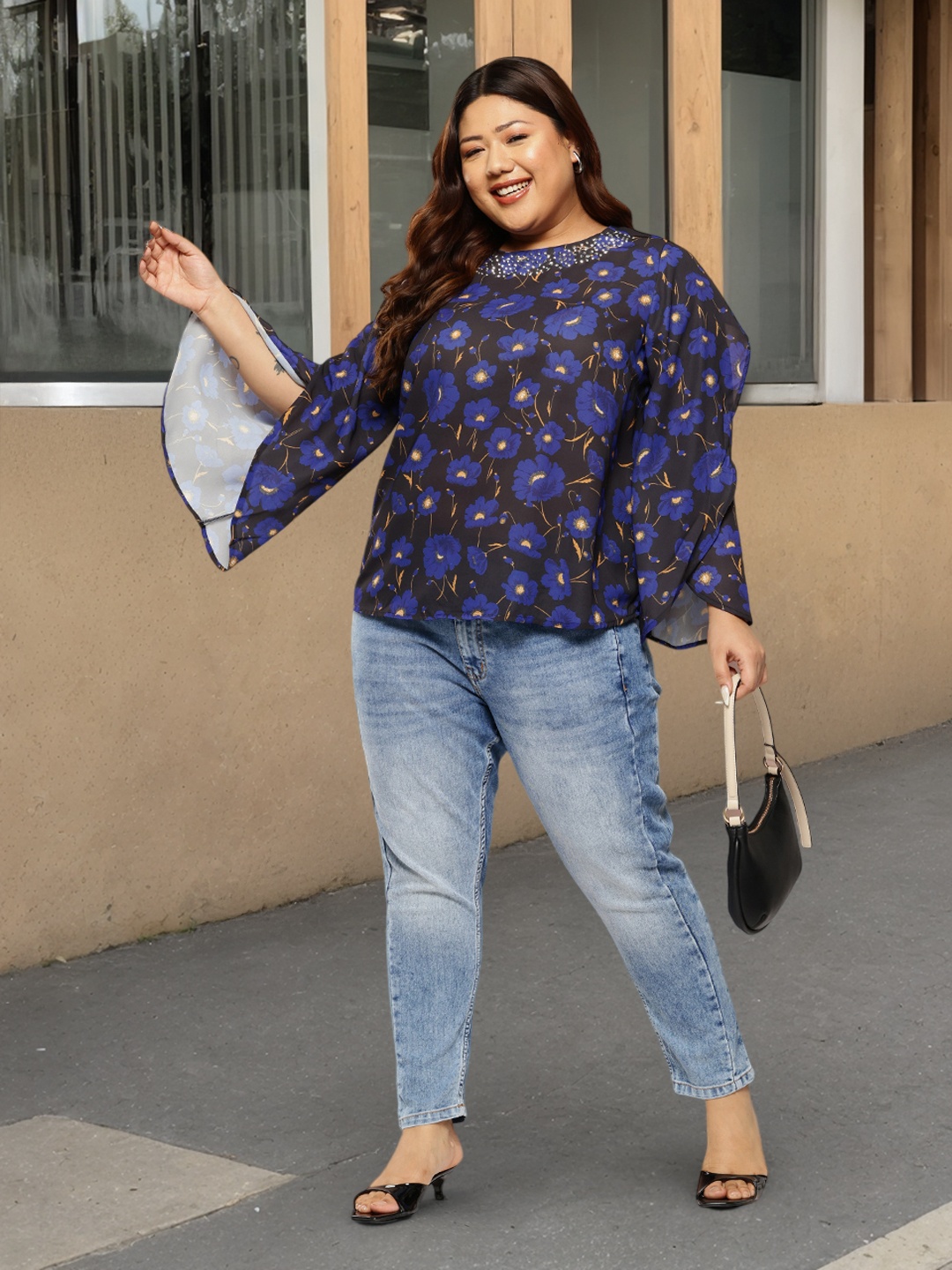 

Sztori Plus Size Floral Print Flared Sleeve Studded Top, Black