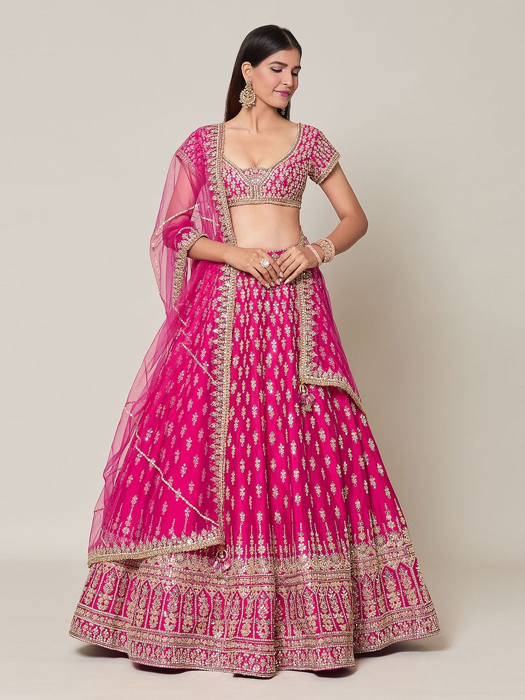 

Samyukta Singhania Embroidered Mirror Work Ready to Wear Lehenga & Blouse With Dupatta, Pink